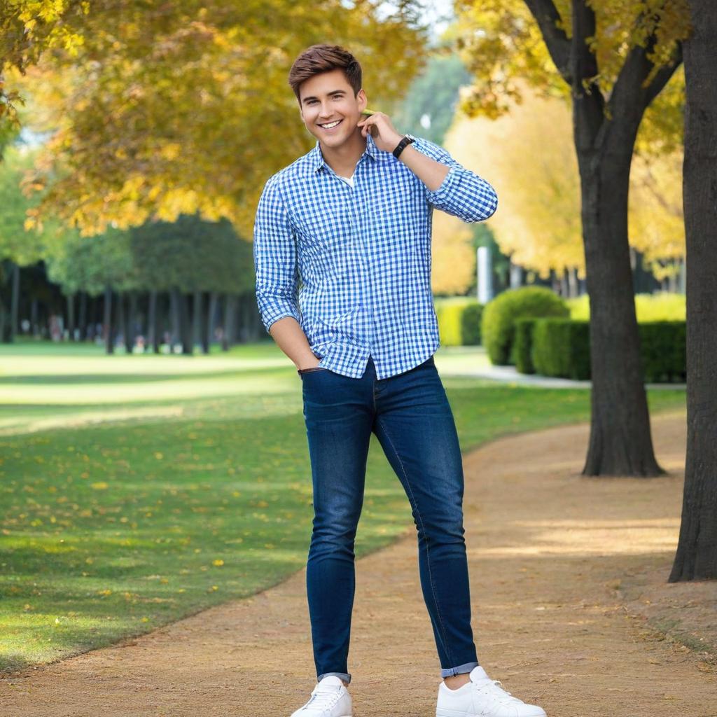  create an image of a person wearing casual clothing. the person is dressed in a blue checked shirt, dark denim jeans, and white sneakers. they have short brown hair and are standing in a park, smiling.