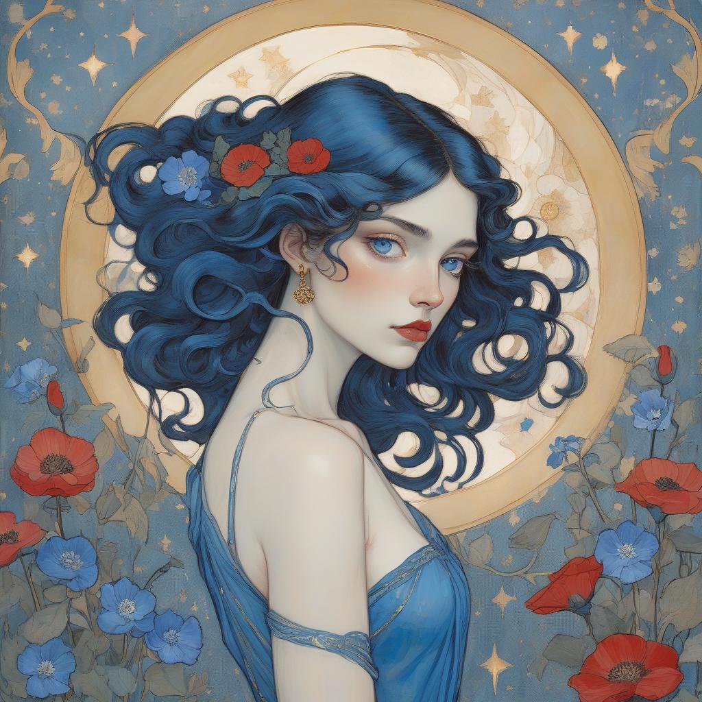  concept art a painting of a woman with flowing curly hair, bright blue eyes, and red lips, wearing a blue dress with gold accents, surrounded by white flowers. painting by arthur rackham and egon schiele depicting a fair skinned goddess, striking blue eyes, long wavy black hair, blue and white anemones, deep blue morning glories, crimson poppies, cream and peach toned roses, filigree, ornamental metallic gold details, hidden ears, no visible jewelry, delicate freckles, subtle golden highlights, soft pink lips, ethereal beauty, golden embellishments, cosmic motifs, crescent moon, stars, art nouveau style, iridescent hummingbirds, silken garment, blue and muted gold hues, luxurious, dreamy atmosphere. . digital artwork, illustrative, painter