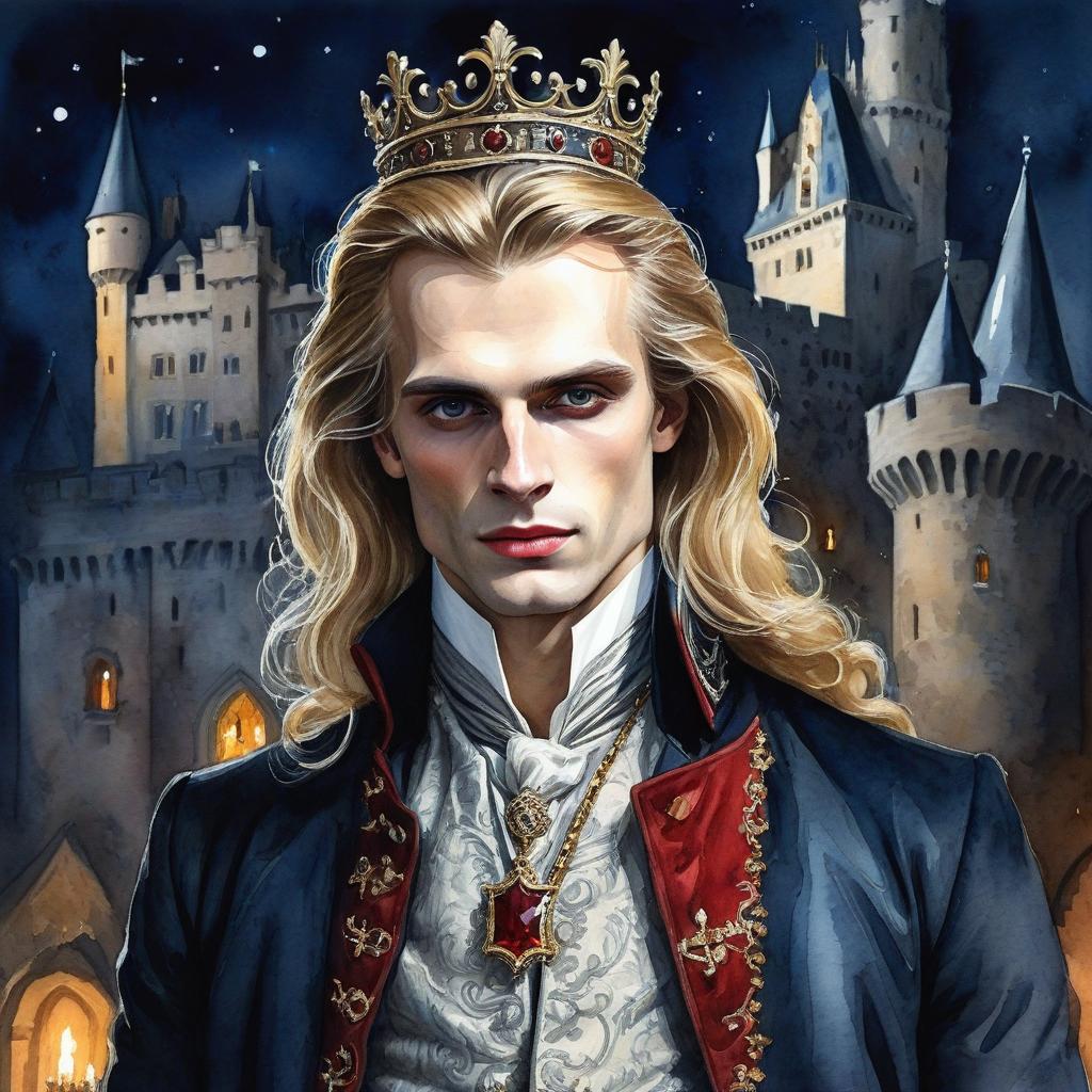  watercolor painting a young vampire aristocrat in rich clothes with long blonde hair, at night, near the castle, with a small crown on his head . vibrant, beautiful, painterly, detailed, textural, artistic