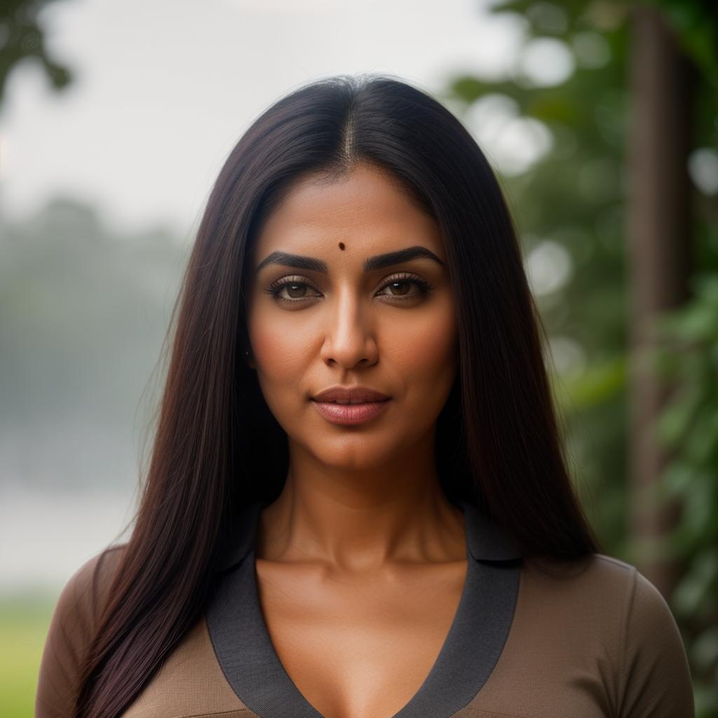  (((realistic full torso frontal head shot of a light brown to medium brown skin tone woman))), komal vidya soni, ((indian heritage)), immature face, green eye color, ((straight hair style)), ((black hair color)), (( body type)), medium size, small size, (immature small rounded nose), (immature prominent cheekbones), (immature smooth jawline), (immature thin lips), (immature broad forehead), (immature slight asymmetry), (immature natural eyebrows), standing straight looking directly into the camera,((wearing fitted polo shirt with deep v neck and monogrammed pocket)), backyard in background, 1, best quality, highest quality, award winning photo, masterpiece, raw, professional photography, photorealism, sharp focus, hyperrealistic, full body, detailed clothing, highly detailed, cinematic lighting, stunningly beautiful, intricate, sharp focus, f/1. 8, 85mm, (centered image composition), (professionally color graded), ((bright soft diffused light)), volumetric fog, trending on instagram, trending on tumblr, HDR 4K, 8K