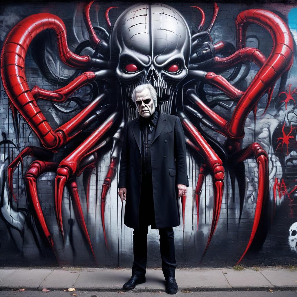  graffiti style Нans giger styles a frock coat. arachnoid, dtӕ, dtӕ, black mascara with red and white color, scary, frightening, mysticism, evil. . street art, vibrant, urban, detailed, tag, mural