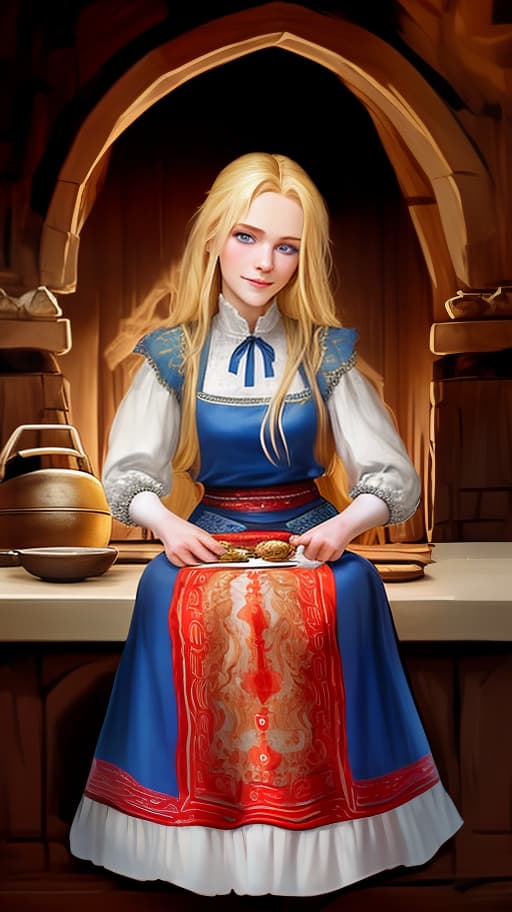  masterpiece, the best quality, a russian woman in traditional clothes prepares cakes in a stone oven, a very light smile, tense, piercing eyes, blue eyes, flowing blond hair, dressed in a traditional russian outfit, cooks in the open air, inside a wooden castle, against the background of an ancient russian throne room in a wooden castle, cartoon style, cute,