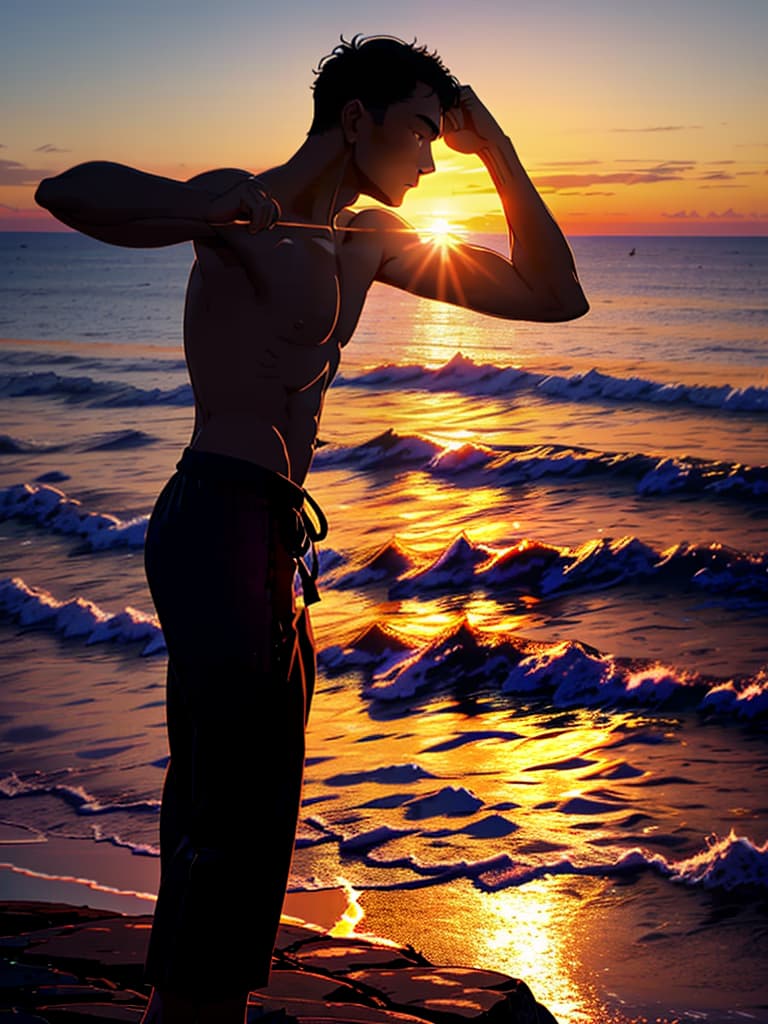  Close up of the silhouette of a man doing Thai Chi on a cliff overlooking the ocean with a sunrise in the background. RAW, realistic