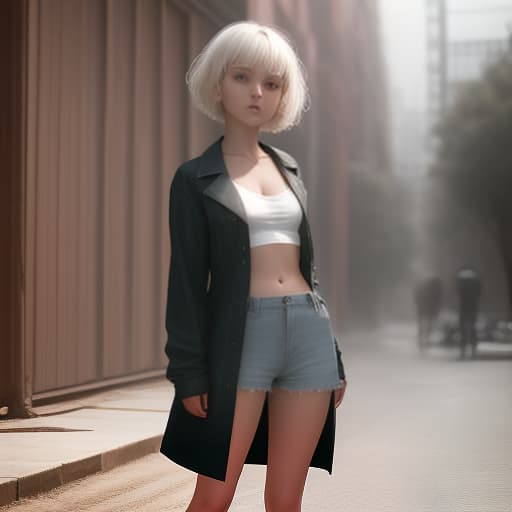  full height, a girl in open clothes and with short hair