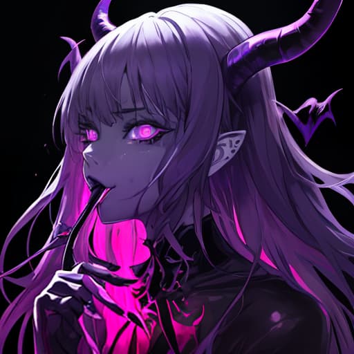  a close up of a person holding a knife, detailed hot maw, demon black blue purple, luminous, full color manga visual style, soft lulling tongue, pink , horns. dark colors, arca album cover, resin, trap, ( 3 1, 1 1 1 1, very , perfect face template, [ metal ], bite, artist unknown, esa