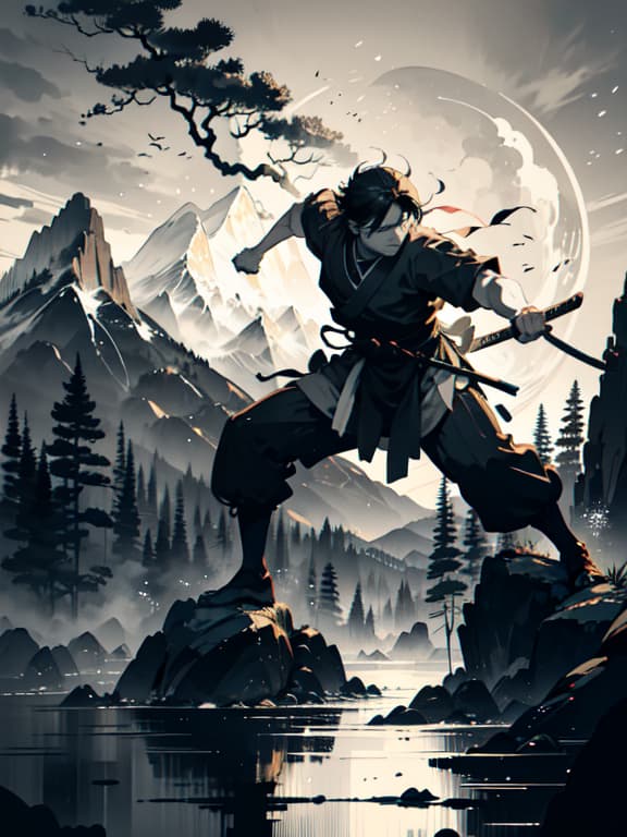  master piece, best quality, ultra detailed, highres, 4k.8k, samurai, performing iaido, unsheathing the sword, focused, break a samurai's swift movement., training dojo, katana, training dummy, wooden floor, sliding door, break serene, monochrome, dynamic strokes, high contrast, white background, scenery, ink, mountains, water, trees