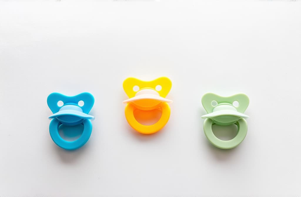  three colorful baby silicone pacifier with holder on white background. mock up. flat lay. top view. orthodontic dummy for baby ar 3:2 {prompt}, maximum details