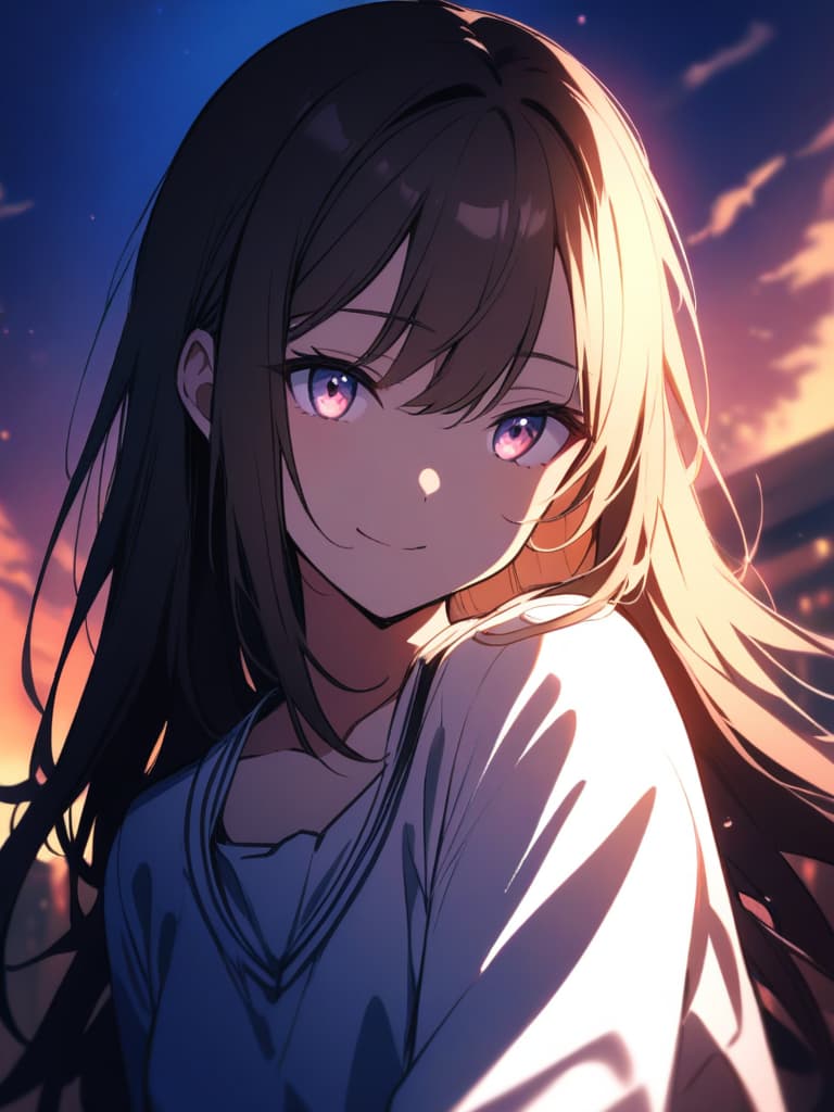  a beautiful brown haired girl,smile,long messy hair,ultra detailed,best shadow,beautiful detailed deep rainbow eyes,cute and beautiful face,shy smile,white shirt,upper body view,colorful,(masterpiece:1.2),(best quality:1.2),detailed background,high contrast,(best illumination,an extremely delicate and beautiful),((cinematic light)),hyper detail,dramatic light,intricate details,8k,anime,very aesthetic