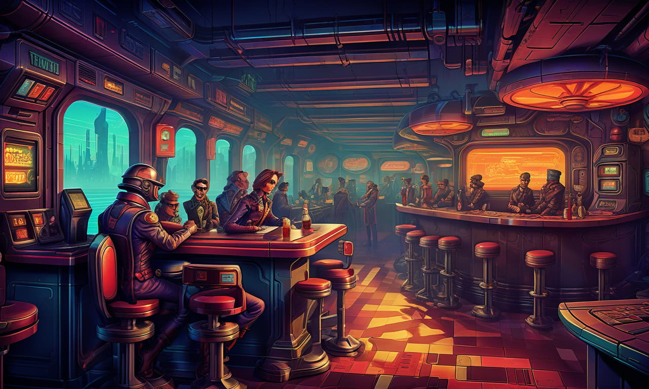  retro game art retro futuristic tavern, dieselpunk image . 16 bit, vibrant colors, pixelated, nostalgic, charming, fun