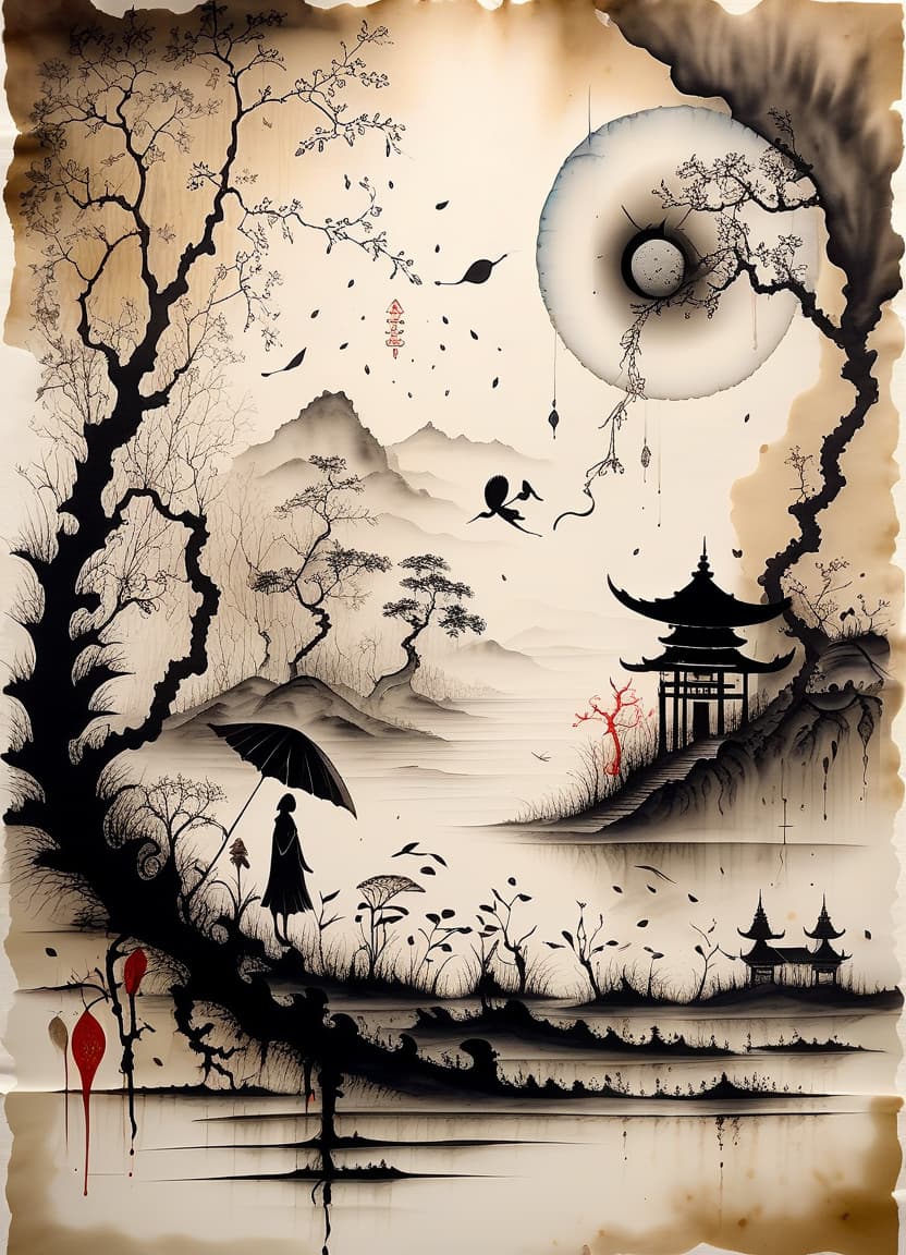  surrealist art asia on rice paper, wabi sabi, ink, watercolor, high contrast, . dreamlike, mysterious, provocative, symbolic, intricate, detailed