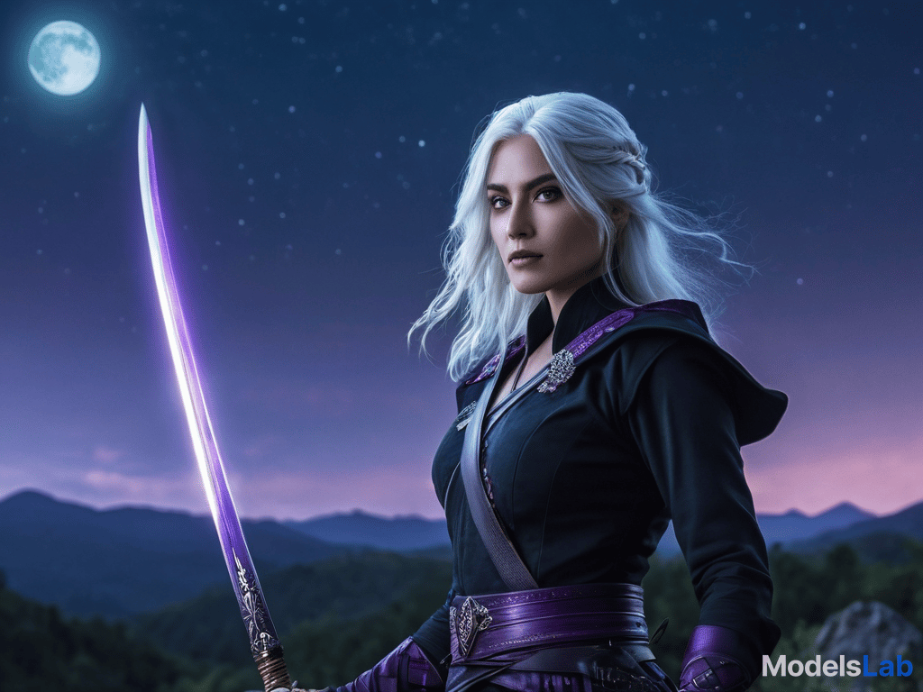  a realistic and cinematic depiction of a white haired woman with striking heterochromatic eyes—one blue and one purple—wielding a sharp katana. she is mid action, powerfully slashing through a glowing full moon in the dark sky, which is now in a broader, more expansive background. the moon is splitting dramatically in half, with glowing fragments scattering through the night. the background features a vast, starry sky with clouds faintly illuminated by the moonlight, and the landscape below, a distant silhouette of mountains and forests, adds depth to the scene. the moonlight highlights the woman's determined expression and flowing hair as the environment and celestial destruction are given greater emphasis. hyperrealistic, full body, detailed clothing, highly detailed, cinematic lighting, stunningly beautiful, intricate, sharp focus, f/1. 8, 85mm, (centered image composition), (professionally color graded), ((bright soft diffused light)), volumetric fog, trending on instagram, trending on tumblr, HDR 4K, 8K