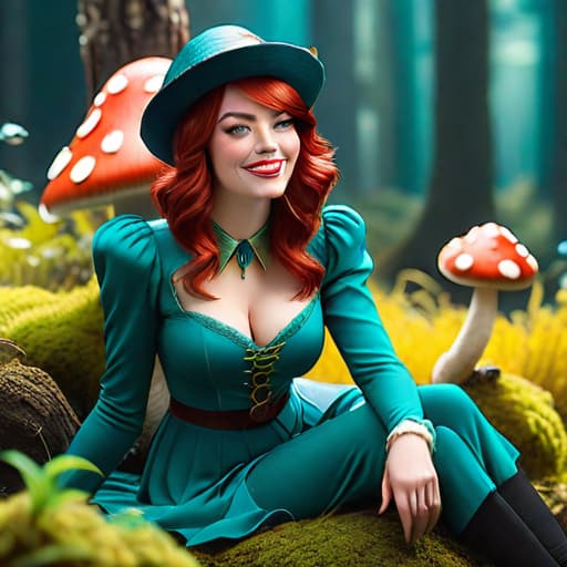  emma stone as a little imp reclining on a toadstool, smile, fantasy teal colours hyperrealistic, full body, detailed clothing, highly detailed, cinematic lighting, stunningly beautiful, intricate, sharp focus, f/1. 8, 85mm, (centered image composition), (professionally color graded), ((bright soft diffused light)), volumetric fog, trending on instagram, trending on tumblr, HDR 4K, 8K