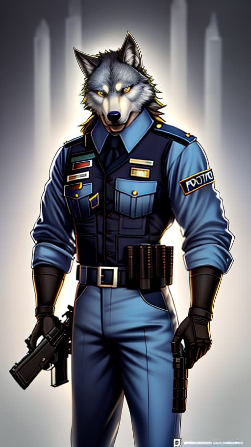  Wolf man in police uniform with a gun hyperrealistic, full body, detailed clothing, highly detailed, cinematic lighting, stunningly beautiful, intricate, sharp focus, f/1. 8, 85mm, (centered image composition), (professionally color graded), ((bright soft diffused light)), volumetric fog, trending on instagram, trending on tumblr, HDR 4K, 8K