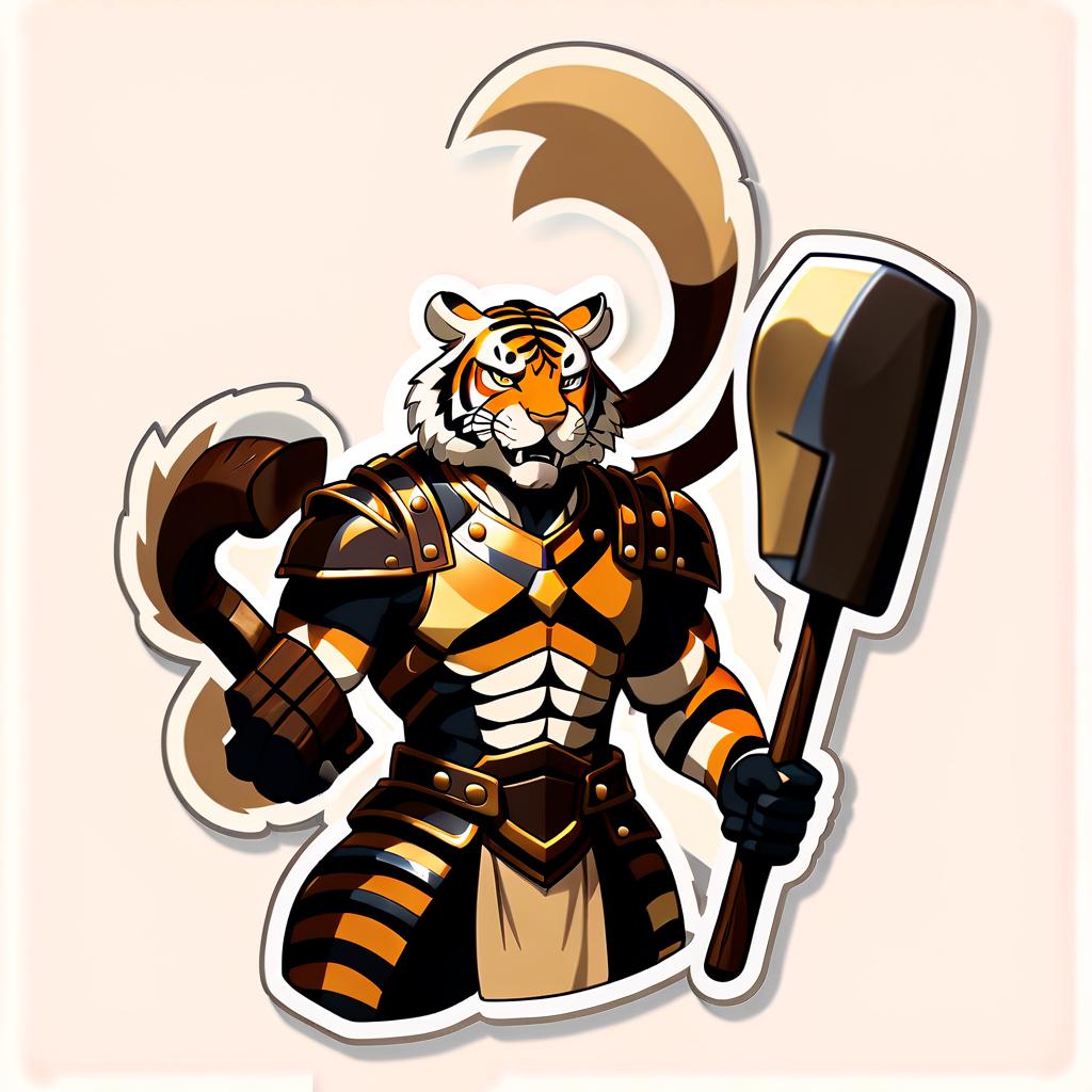  perfect world, tiger man, man, hammer, armor, beige tones, gold, sticker, sticker