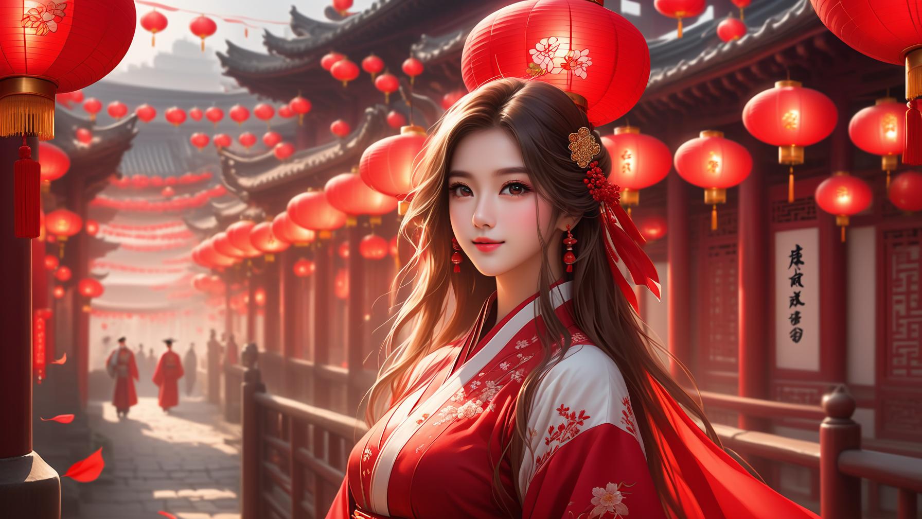  high definition portrait of a young woman with delicate features. she has large, expressive eyes, a soft smile, and long, wavy hair adorned with red floral accessories. she is wearing a traditional red and white hanfu with intricate embroidery. the background is a festive night scene filled with glowing red lanterns, which cast a warm, ambient light that softly illuminates her face and creates a magical atmosphere. the setting is an ancient chinese street with traditional architecture, and the characters for 'happiness' and 'prosperity' are subtly integrated into the signage on the buildings. the portrait exudes a sense of elegance, cultural richness, and a celebratory mood, award winning, professional, highly detailed, masterpiece