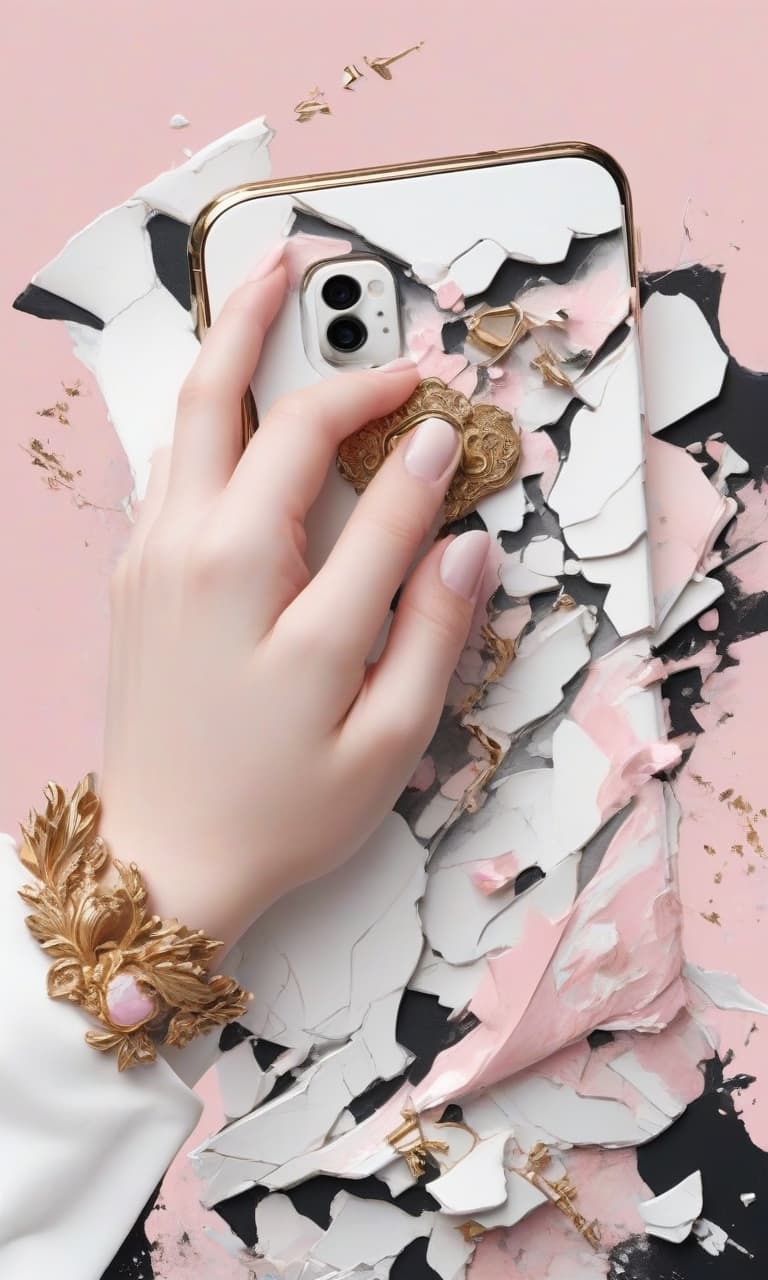  concept art color pink, white, black, gold hand holding the phone broken . digital artwork, illustrative, painterly, matte painting, highly detailed, perfect hands