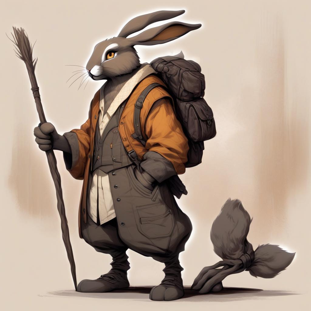  slim bunny. its fur has a gray brown hue, which helps it remain invisible in the shade. his ears are long and mobile, always alert, catching the slightest sounds of the environment. the eyes of varian are deep amber color, full of determination and inner light. he wears simple but comfortable clothing consisting of a dark vest and wide pants, allowing him to move easily.