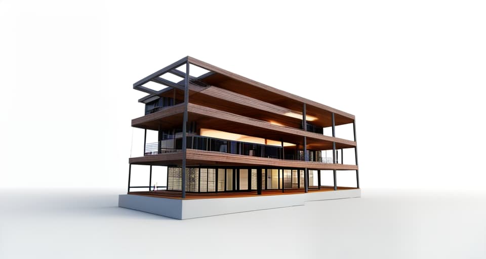 mdjrny-v4 style architectural, high quality, exterior perspective, 3 story mixed wood and steel office building, organic exterior, black background color