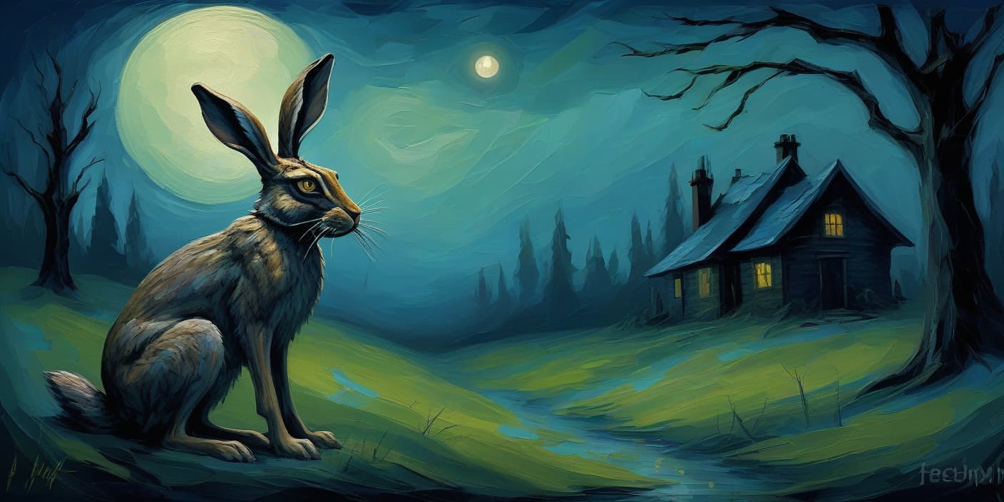  horror themed abstract creepy hare against a natural background, significant (impasto:1.4) creates a textured, almost three dimensional effect. in style of fairytale, horror, surrealism, mystical, textural, scary, night, werewolf. color palette in cool shades of blue and green contrasting with the warm light of the moon. (dynamic bold brush strokes). cabin in the background. the overall atmosphere is mysterious, fairytale like and creepy. . eerie, unsettling, dark, spooky, suspenseful, grim, highly detailed