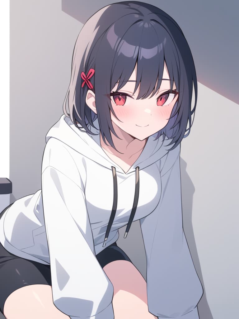  short black hair,red eyes,red hairpin,white hoodie,black pants,and a naughty smile.