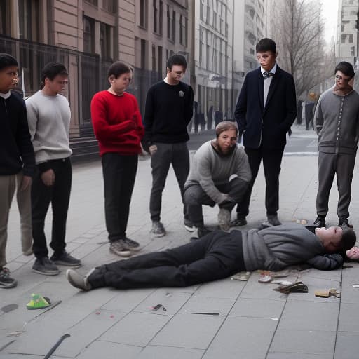  a man with pants and a sweater became ill on the street, he fell. around him, six curious people gathered, all looking at the fallen, want to help, but do not know how. good faces, good hands