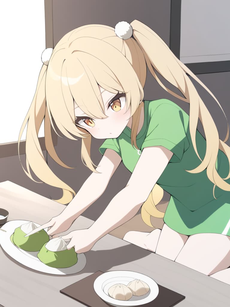  concentration, high resolution, (anime style: 1.1), (required work), ((maximum quality)), (super detail, (beautiful), beautiful face, beautiful girls, (((twin tail)), ((twin tail) , dumpling, yellow hair,)) (green baseball shirt, ((((whole body)))) (((whole body))) ((1 girl)) (((()))))))