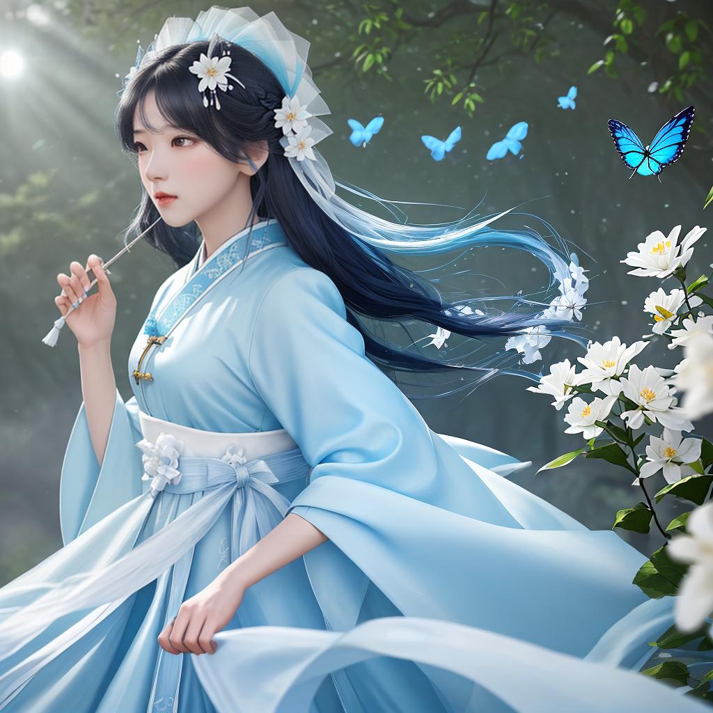  masterpiece, best quality, (Fidelity: 1.4), Best Quality, Masterpiece, Ultra High Resolution, Poster, Fantasy Art, Very Detailed Faces, 8k resolution, Chinese Style, An woman, Side Face, Quiet, Light Blue Hanfu, Tulle Coat, Long Black Hair, Light Blue Fringed Hair Ornament, Hairpin, White Ribbon, White Flower Bush, Light Blue Butterfly Flying, cinematic lighting effects