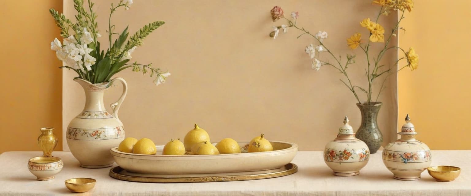  a living room scene with two vases and a decorated tray Желтый фон с тонким индийскими узором, on parchment