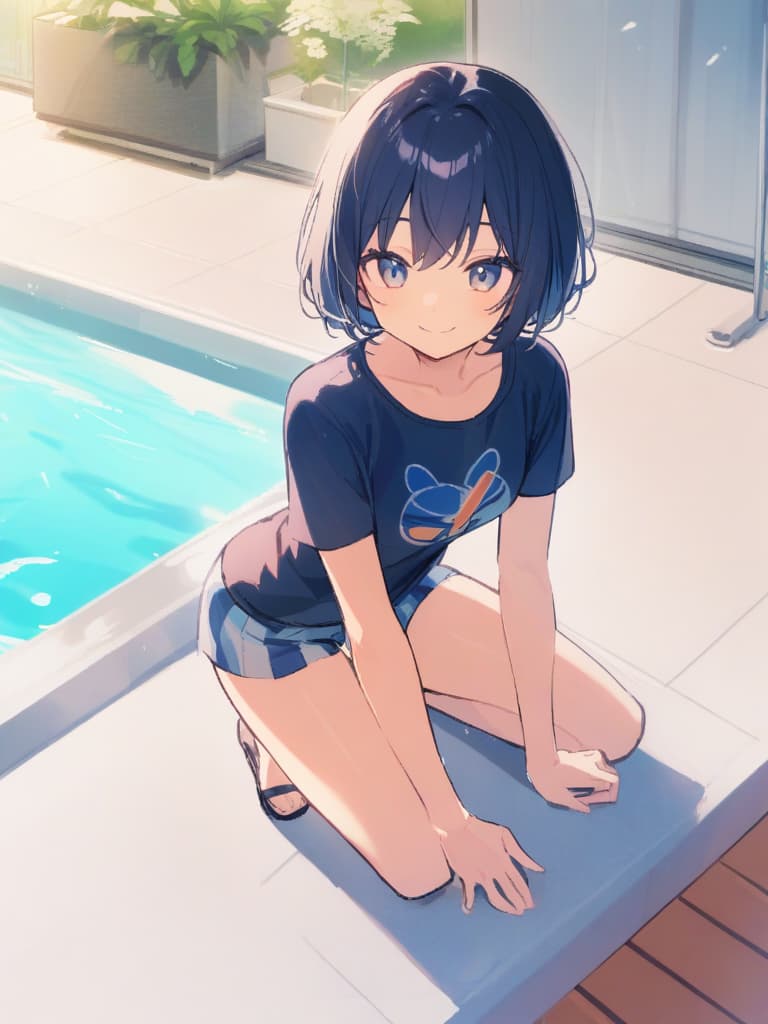  s, old swimwear (dark blue old ), screw water transvese, male, , front, cute smile ( face), bob cut, whole body, pool,