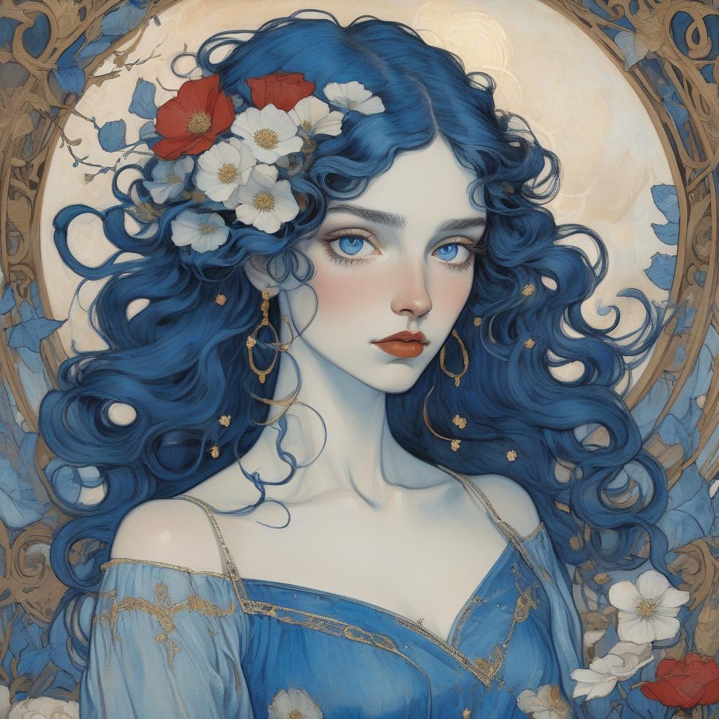  grunge style a painting of a woman with flowing curly hair, bright blue eyes, and red lips, wearing a blue dress with gold accents, surrounded by white flowers. painting by arthur rackham and egon schiele depicting a fair skinned goddess, striking blue eyes, long wavy black hair, blue and white anemones, deep blue morning glories, crimson poppies, cream and peach toned roses, filigree, ornamental metallic gold details, hidden ears, no visible jewelry, delicate freckles, subtle golden highlights, soft pink lips, ethereal beauty, golden embellishments, cosmic motifs, crescent moon, stars, art nouveau style, iridescent hummingbirds, silken garment, blue and muted gold hues, luxurious, dreamy atmosphere. . textured, distressed, vintage, edgy, 