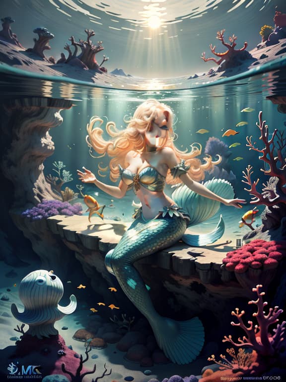  master piece, best quality, ultra detailed, highres, 4k.8k, mermaid, swimming elegantly in the ocean, serene, break a mermaid with a blond hair and a fishtail., underwater coral garden, coral, sea anemone, and colorful fish, break vibrant and peaceful, sunlight filtering through water, creating a dreamy effect, lunarpunkai