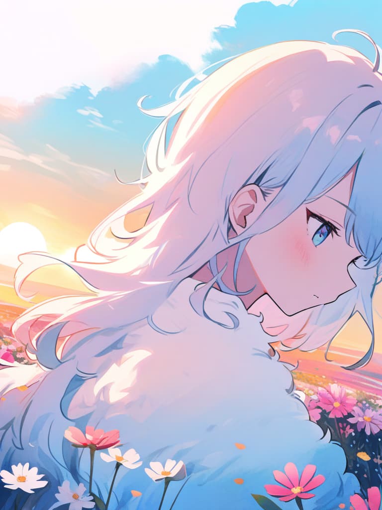  masterpiece,(pastel watercolor style with pink,light blue and white:1.5),(cosmos blooming meadow:1.5),(super beautiful girl),(long fluffy hair:1.7),,profile,sunset,high quality,8k