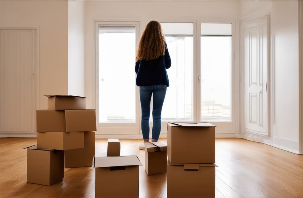  a girl stands in an empty apartment, paper boxes on the floor, moving. bright room ar 3:2 {prompt}, maximum details