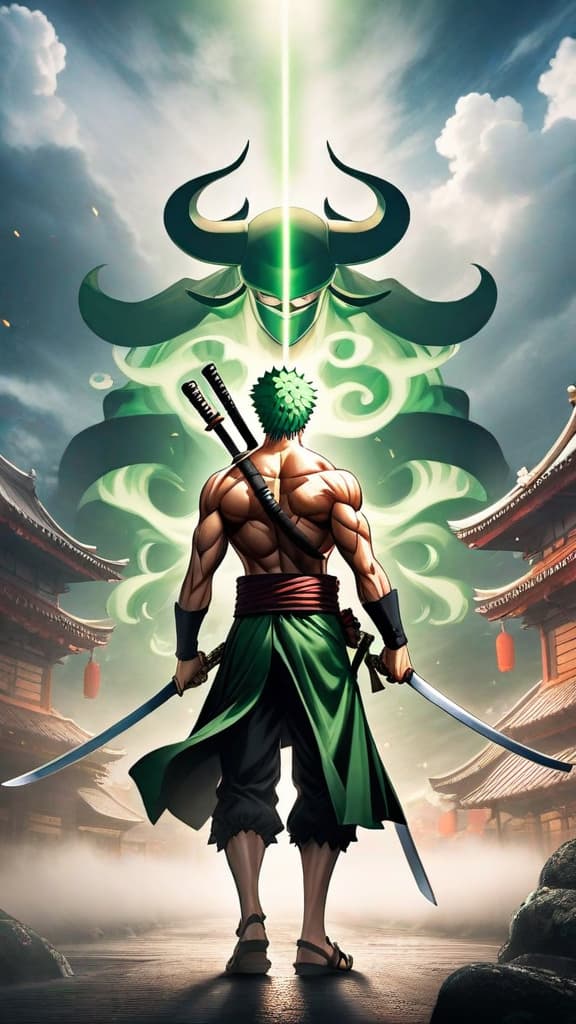  anime art of roronoa zoro from one piece in asura form with three heads and six arms, intimidating aura hyperrealistic, full body, detailed clothing, highly detailed, cinematic lighting, stunningly beautiful, intricate, sharp focus, f/1. 8, 85mm, (centered image composition), (professionally color graded), ((bright soft diffused light)), volumetric fog, trending on instagram, trending on tumblr, HDR 4K, 8K