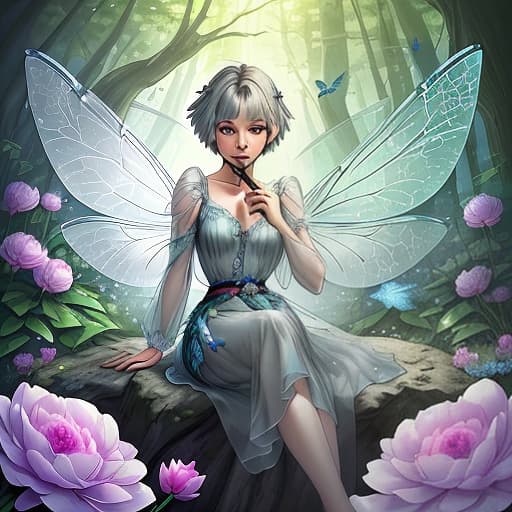  in the fairy forest with gray short hair in light blue travel clothes, at her waist there is a belt with a flute mount. also behind her are transparent wings, similar wings of a dragonfly. the fairy can be seen completely and sits inside the peony flower