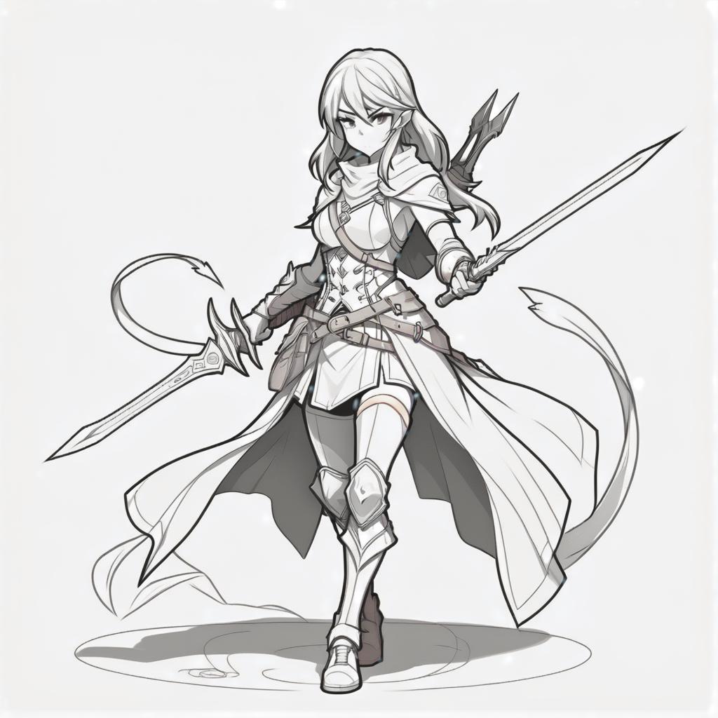  line art drawing dnd hunter girl, battle stance, same nightmare. anime style . professional, sleek, modern, minimalist, graphic, line art, vector graphics