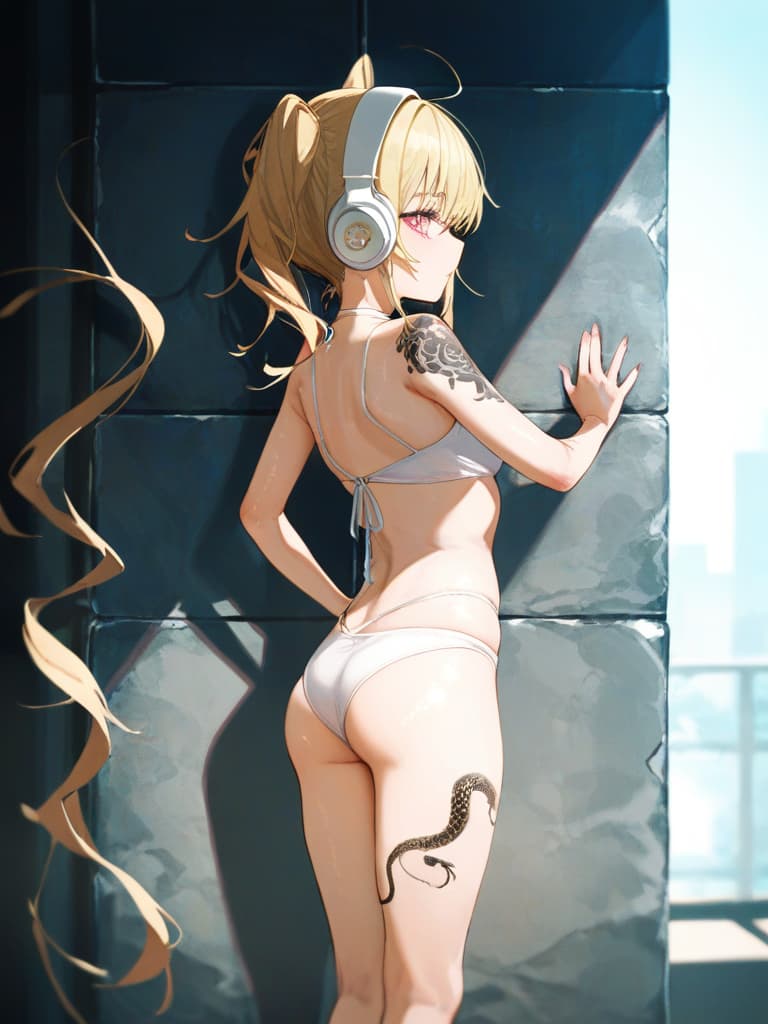  white swimwear, white headphones, blonde twin tails, pools, poses on the wall, pose to show your back, , legs, whole body, frill pareo, snake tattoo on , snake tattoos, thigh tattoos., masterpiece, best quality,8k,ultra detailed,high resolution,an extremely delicate and beautiful,hyper detail