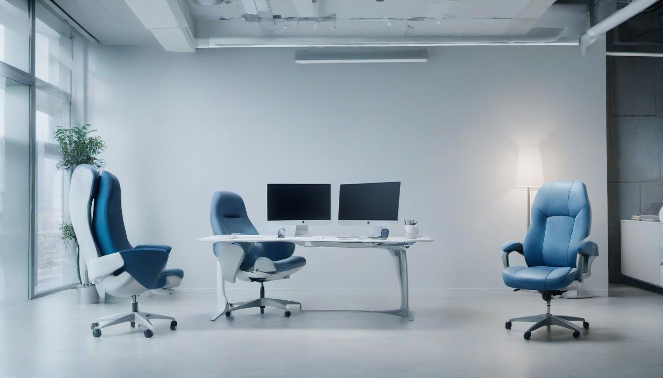  head office in white gray and blue, a large desktop with two monitors on it, a massive chair with anatomical comfortable back, a small coffee table with a sofa and a chair