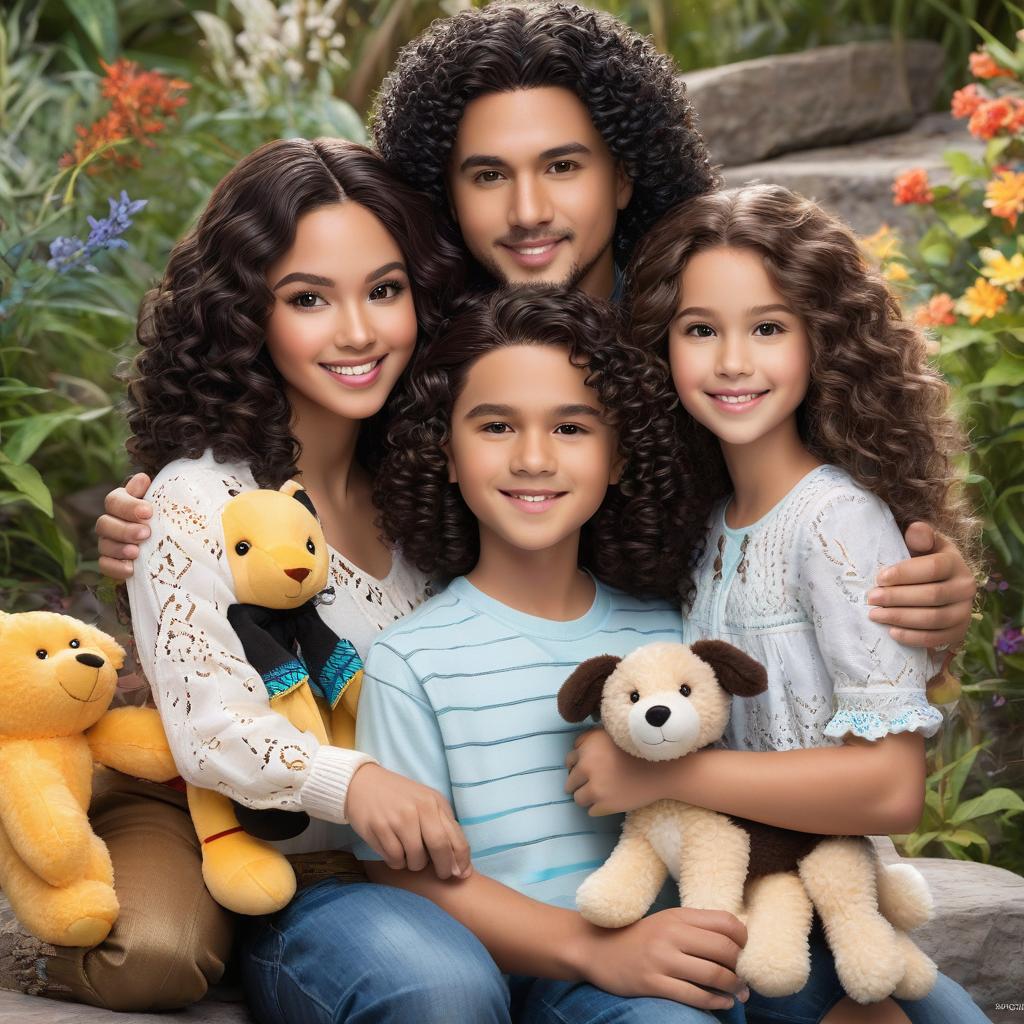  generate a family portrait of three, dad is puerto rican and dominican tight curly hair about 5inch long hair medium skin color, mom is native american and white very pale skin color with gles young face dark hair with brown eyes, old curly hair light brown hair holding stuffed animal, award winning, professional, highly detailed, masterpiece