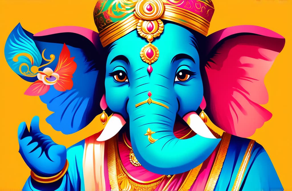  flat illustration, flaticon, (illustration:1.15), cartoon portrait of the hindu god ganesha ar 3:2, [cory loftis, strobist, pascal campion :: 0.2]