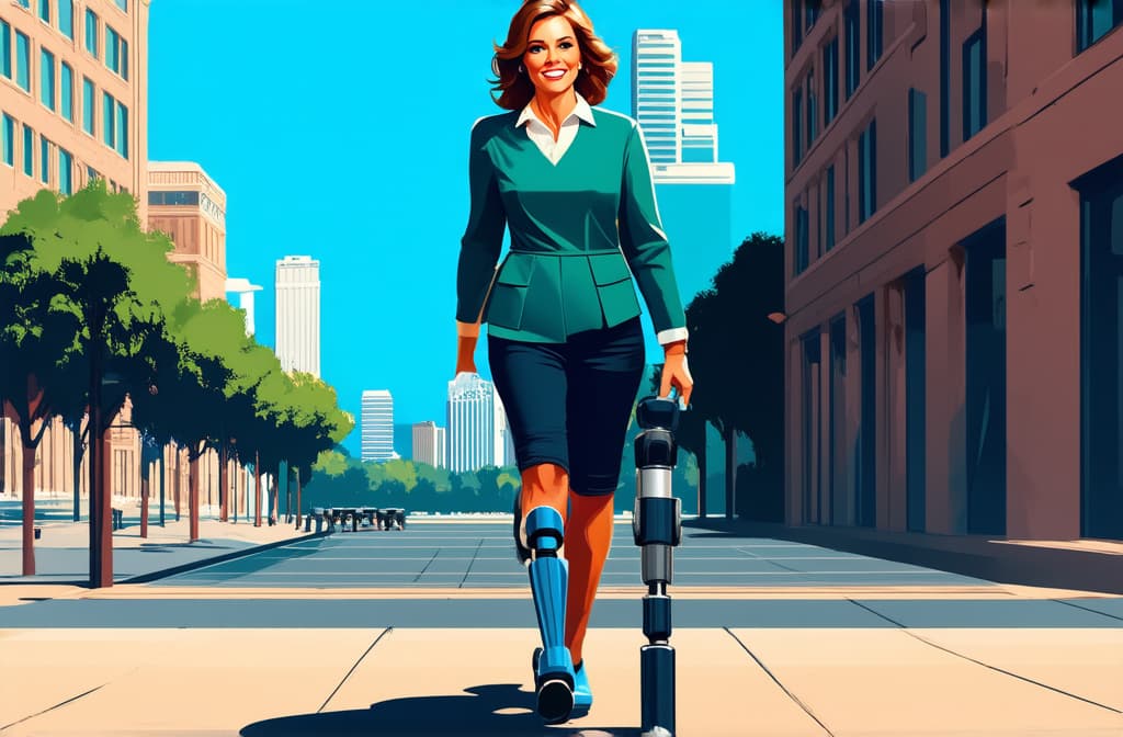  woman with prosthetic leg walking on city sidewalk. vector illustration style ar 3:2 {prompt}, maximum details