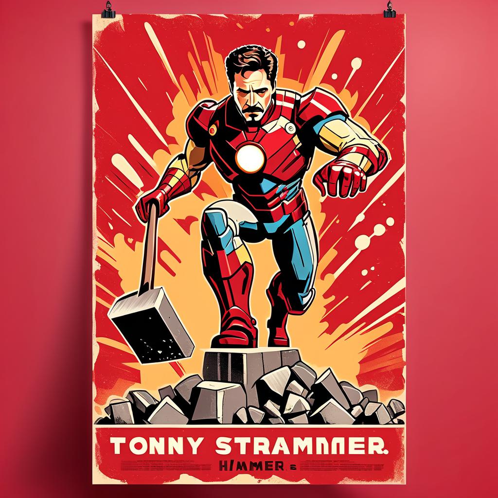  advertising poster style tony stark with a hammer, style soviet poster, red background, hammer in hand, hits an anvil . professional, modern, product focused, commercial, eye catching, highly detailed