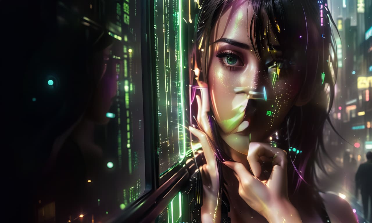  (masterpiece, digital art: 1.3), a very complex double exposure drawing inspired by yuumei, superimposed on a busy city street, cyberpunk aesthetics, cgsociety trend, multiple exposure technique, texture overlay with luminous holographic elements, technicolor color palette, girl, bright city lights illuminating the scene, reminiscent of the color scheme of the film "the matrix" on pinterest, high definition images, colorful fairy tale atmosphere, carefully crafted details in digital art, futuristic and vivid, exciting visual storytelling., civitai, glowneon