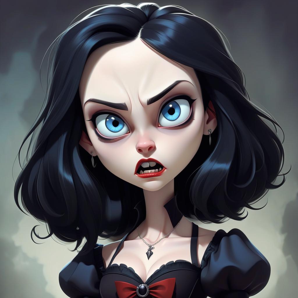  cartoon, girl, vampire, black hair of medium length, blue eyes, kind look.