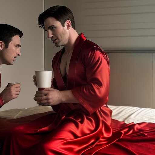  captain america in a red silk robe serves coffee to brock rumlow sitting on the bed