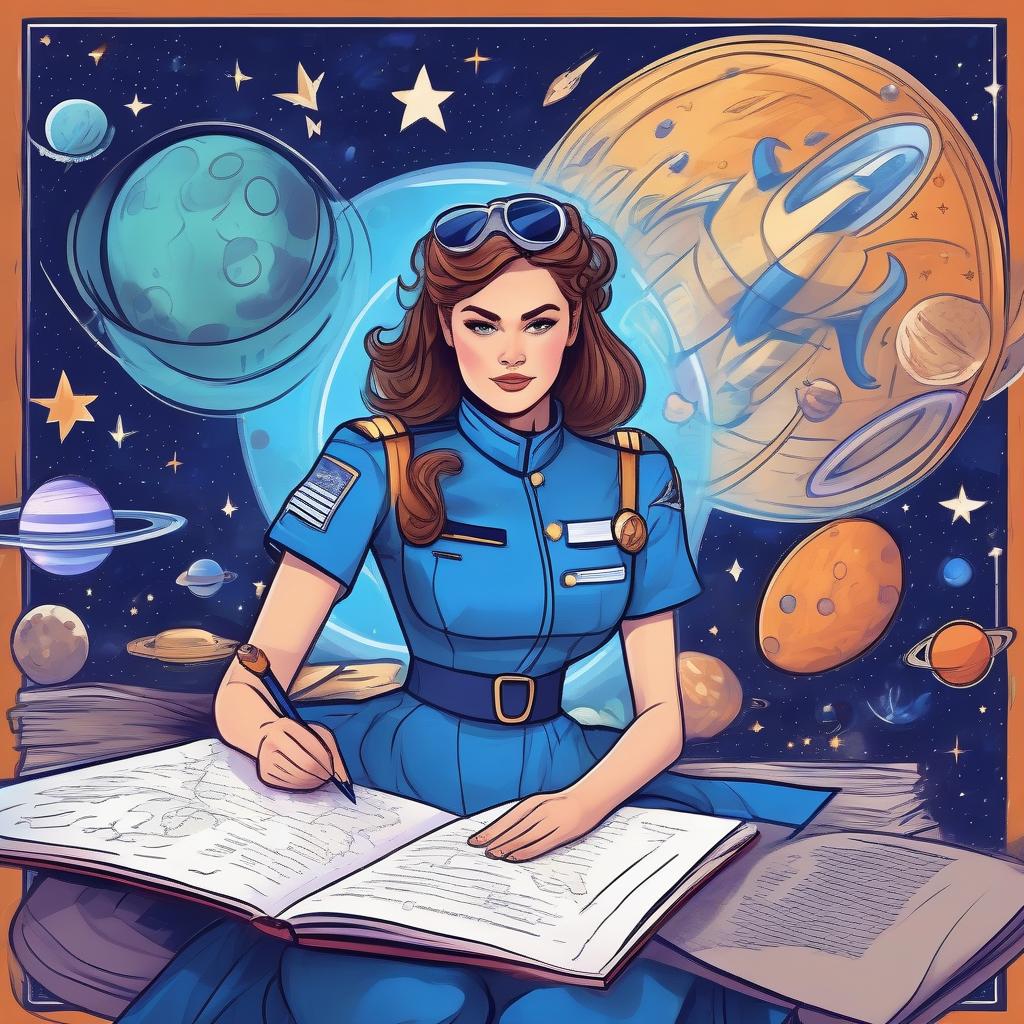  a girl writer writes a new story, dressed in blue flying uniforms, around space, stars, planets, starships, comets, in the style of comics