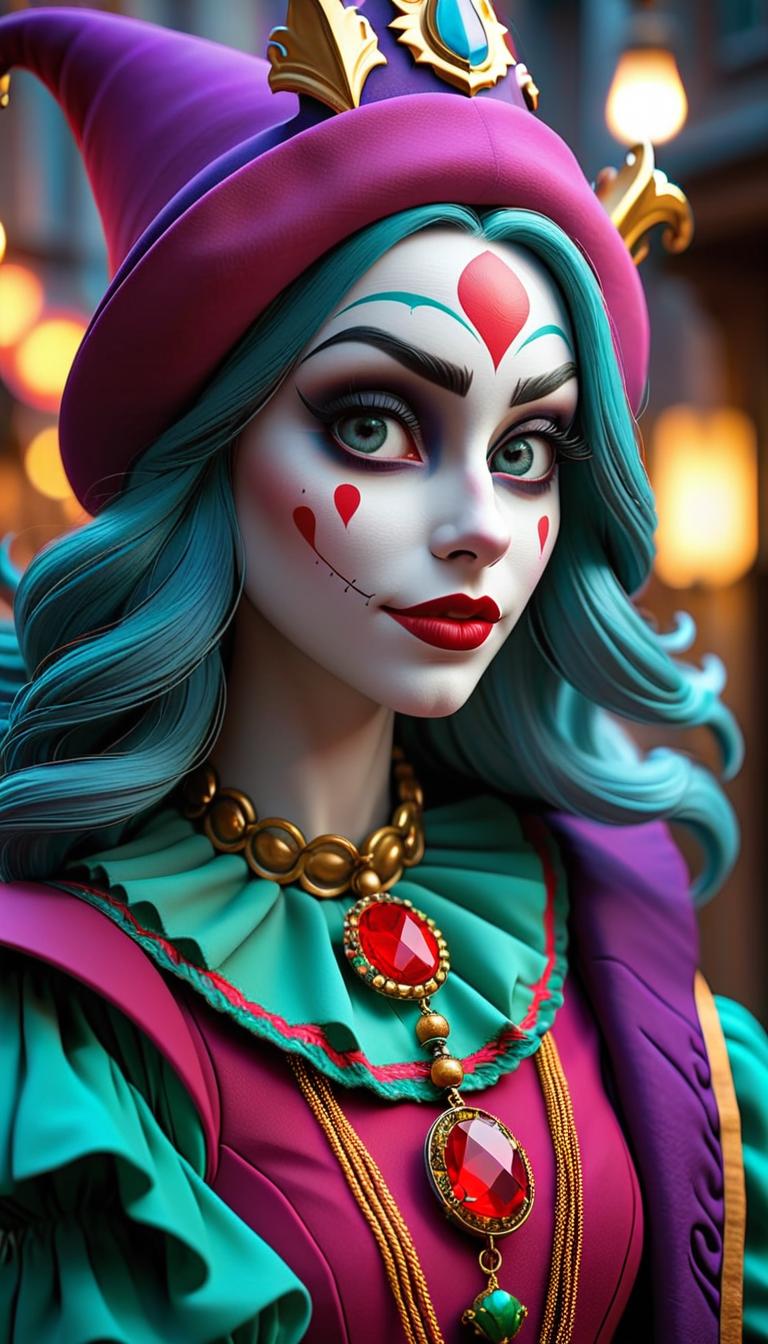  professional 3d model of a sinister girl jester in a dark carnival. dark, mysterious, scary, haunting, dramatic, ornate, detailed. . rendered with octane, the model is highly detailed,dramatic lighting. hyperrealistic, full body, detailed clothing, highly detailed, cinematic lighting, stunningly beautiful, intricate, sharp focus, f/1. 8, 85mm, (centered image composition), (professionally color graded), ((bright soft diffused light)), volumetric fog, trending on instagram, trending on tumblr, HDR 4K, 8K