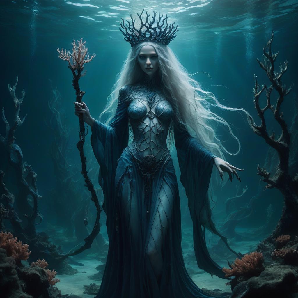  full body portrait of a dark fantasy sea priestess, eerie and beautiful, standing in an underwater setting. she has pale skin, glowing blue eyes, and long, flowing silver hair. she is adorned in flowing, decayed seaweed robes and a coral crown with glowing blue gems. her hands hold a staff made of bone and coral, with faint bioluminescent glow surrounding her. the water around her is dark, with coral formations and mysterious shadows looming in the background. (unnaturally long limbs, twisted fingers, slightly deformed features), bad anatomy, haunting presence, otherworldly, 8k detail, soft lighting