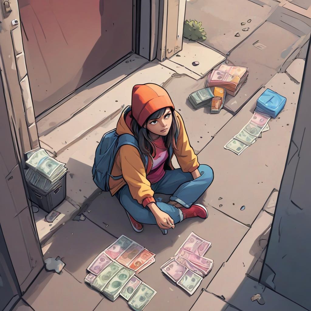  top view. draw a colorful comic book, outside the entrance, a homeless woman sits and stretches out her hand to give her money.