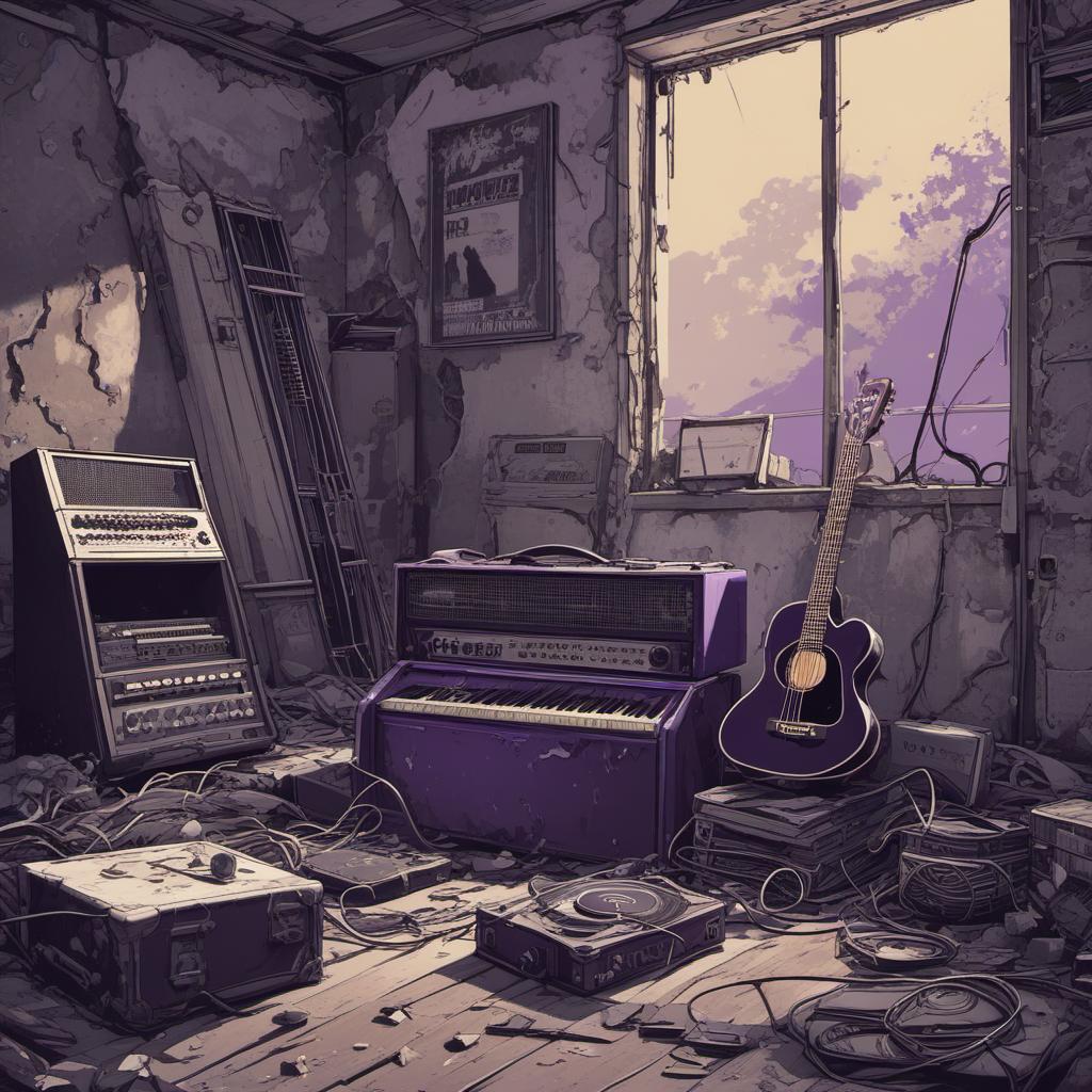  chambre abandonnée en ruine avec une guitare électrique et amplificateur violet , comic style, manga and manhwa style, painting style